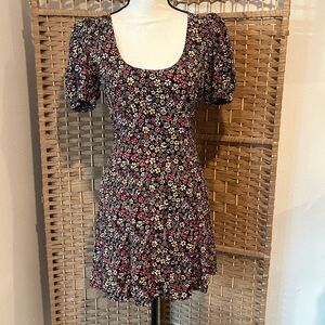 Reformation Black Floral Scoop Mini Dress with Pink & Yellow Flowers